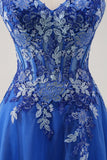 Bleu royal Une ligne spaghetti bretelles Corset Tulle Robe de bal avec broderie