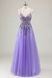 Violet A Ligne Spaghetti Bretelles Robe de Bal En Tulle À Sequins Avec Appliques