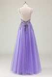 Violet A Ligne Spaghetti Bretelles Robe de Bal En Tulle À Sequins Avec Appliques