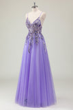 Violet A Ligne Spaghetti Bretelles Robe de Bal En Tulle À Sequins Avec Appliques