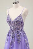 Violet A Ligne Spaghetti Bretelles Robe de Bal En Tulle À Sequins Avec Appliques