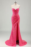 Robe de bal longue scintillante fuchsia sirène sans bretelles à paillettes avec fente