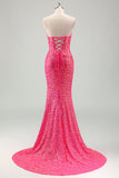 Robe de bal longue scintillante fuchsia sirène sans bretelles à paillettes avec fente