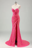 Robe de bal longue scintillante fuchsia sirène sans bretelles à paillettes avec fente