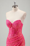 Robe de bal longue scintillante fuchsia sirène sans bretelles à paillettes avec fente