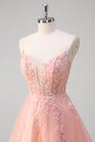 Pêche scintillant corset trapèze tulle floral longue robe de bal avec perles