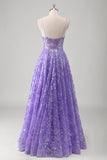 Violet A Ligne Spaghetti Bretelles Robe Longue De Bal Imprimée Avec Paillettes