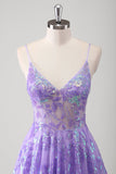 Violet A Ligne Spaghetti Bretelles Robe Longue De Bal Imprimée Avec Paillettes