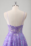 Violet A Ligne Spaghetti Bretelles Robe Longue De Bal Imprimée Avec Paillettes