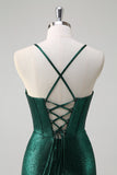 paillettes vert foncé sirène Corset froncé robe de bal métallique avec fente