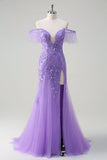 Robe de bal à sequins en tulle violet scintillant sirène à épaules dénudées avec fente