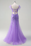 Robe de bal à sequins en tulle violet scintillant sirène à épaules dénudées avec fente