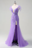 Robe de bal à sequins en tulle violet scintillant sirène à épaules dénudées avec fente