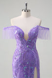 Robe de bal à sequins en tulle violet scintillant sirène à épaules dénudées avec fente