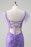 Robe de bal à sequins en tulle violet scintillant sirène à épaules dénudées avec fente