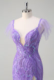 Robe de bal à sequins en tulle violet scintillant sirène à épaules dénudées avec fente