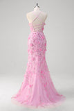Robe de bal à paillettes à bretelles spaghetti sirène rose avec fleurs 3D