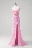 Robe de bal à paillettes à bretelles spaghetti sirène rose avec fleurs 3D