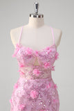 Robe de bal à paillettes à bretelles spaghetti sirène rose avec fleurs 3D