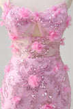 Robe de bal à paillettes à bretelles spaghetti sirène rose avec fleurs 3D