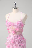 Robe de bal à paillettes à bretelles spaghetti sirène rose avec fleurs 3D