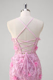 Robe de bal à paillettes à bretelles spaghetti sirène rose avec fleurs 3D