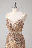 Robe de bal à bretelles spaghetti sirène champagne à paillettes évidées