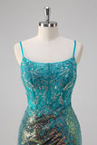 Robe de bal à bretelles spaghetti sirène vert paon Corset à paillettes