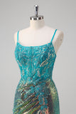 Robe de bal à bretelles spaghetti sirène vert paon Corset à paillettes