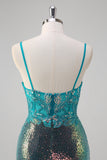 Robe de bal à bretelles spaghetti sirène vert paon Corset à paillettes