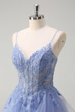 Bleu poussiéreux Une ligne spaghetti bretelles Corset Spirale Volants Robe de bal longue