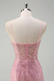 Sirène rose scintillante bretelles spaghetti paillettes robe longue corset bal