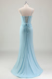 Sirène bleue spaghetti bretelles satin long corset robe de bal avec perles