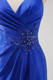 Robe longue de bal longue à bretelles spaghetti sirène bleu royal scintillante avec fente