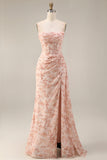 Robe de soirée longue froncée style sirène à fleurs et corset avec fente