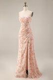 Robe de soirée longue froncée style sirène à fleurs et corset avec fente