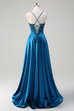 Glitter Blue Corset Spaghetti Strap Robe Longue De Bal Avec Paillettes