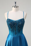 Glitter Blue Corset Spaghetti Strap Robe Longue De Bal Avec Paillettes