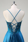 Glitter Blue Corset Spaghetti Strap Robe Longue De Bal Avec Paillettes