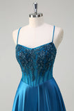 Glitter Blue Corset Spaghetti Strap Robe Longue De Bal Avec Paillettes