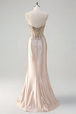 Robe longue de bal corset sans bretelles sirène champagne avec perles