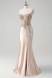 Robe longue de bal corset sans bretelles sirène champagne avec perles