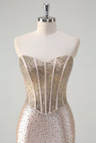 Robe longue de bal corset sans bretelles sirène champagne avec perles