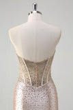 Robe longue de bal corset sans bretelles sirène champagne avec perles