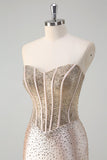 Robe longue de bal corset sans bretelles sirène champagne avec perles