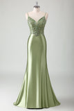 Sage Mermaid Spaghetti Straps Robe longue de bal avec paillettes