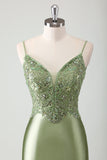 Sage Mermaid Spaghetti Straps Robe longue de bal avec paillettes