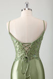 Sage Mermaid Spaghetti Straps Robe longue de bal avec paillettes