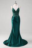 Robe longue de bal corset plissé à sequins sirène vert foncé avec lacets dans le dos