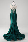 Robe longue de bal corset plissé à sequins sirène vert foncé avec lacets dans le dos